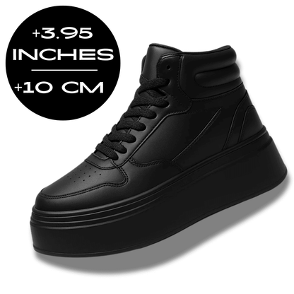 FORCIANO MONARCH black height increasing sneakers shown as a single high-top shoe from a front three-quarter angle with a 10 cm / 3.95 inches height graphic.