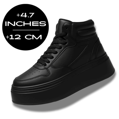 FORCIANO MONARCH black height increasing sneakers shown as a single high-top shoe from a front three-quarter angle with a 12 cm / 4.7 inches height graphic.