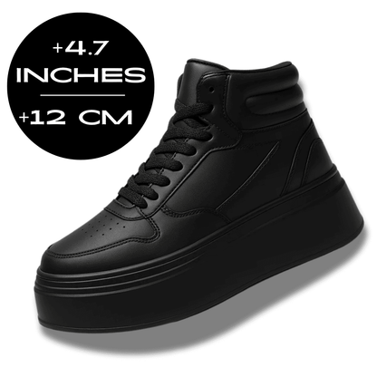 FORCIANO MONARCH black height increasing sneakers shown as a single high-top shoe from a front three-quarter angle with a 12 cm / 4.7 inches height graphic.
