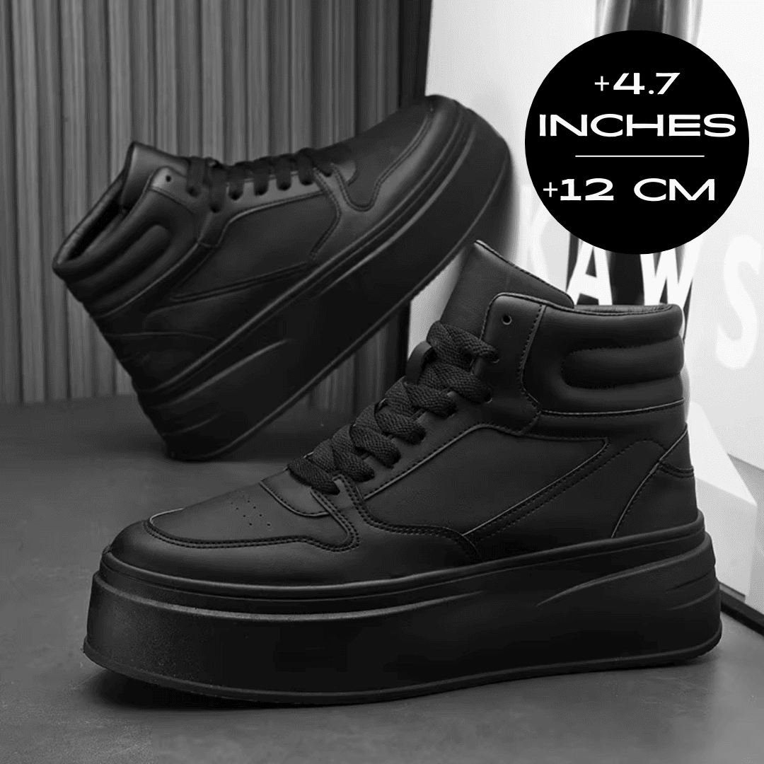 FORCIANO MONARCH black height increasing sneakers shown as a pair in a studio display with a 12 cm / 4.7 inches height graphic.