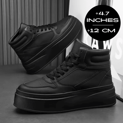 FORCIANO MONARCH black height increasing sneakers shown as a pair in a studio display with a 12 cm / 4.7 inches height graphic.
