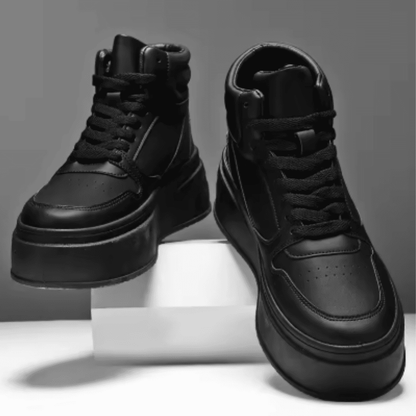 FORCIANO MONARCH black height increasing sneakers displayed as a pair from contrasting front three-quarter angles on studio blocks.