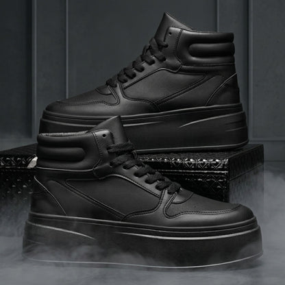 FORCIANO MONARCH black height increasing sneakers displayed as a pair in side-profile and three-quarter views on a dark studio platform.