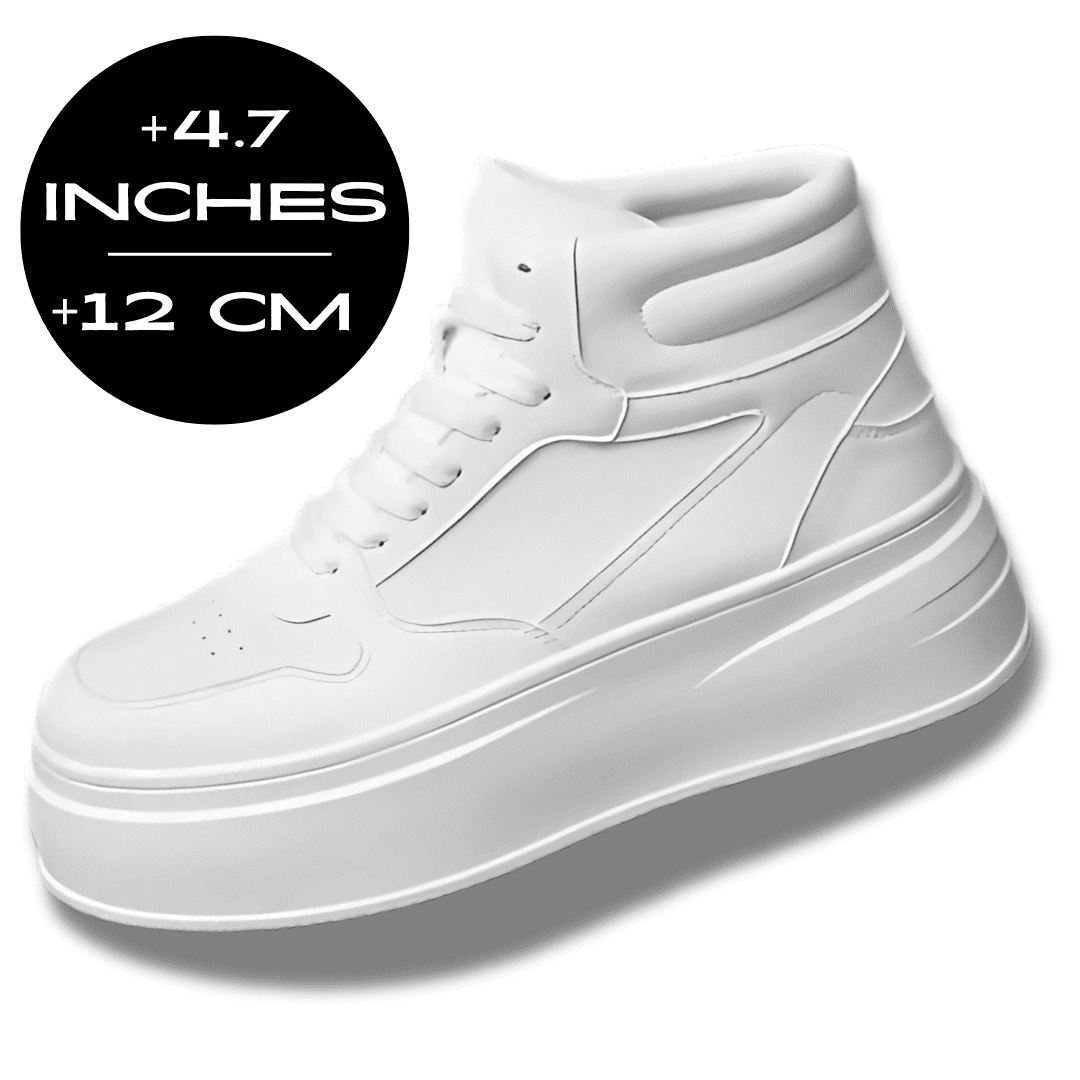 FORCIANO MONARCH white height increasing sneakers shown as a single high-top shoe from a front three-quarter angle with a 12 cm / 4.7 inches height graphic.