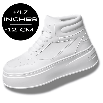 FORCIANO MONARCH white height increasing sneakers shown as a single high-top shoe from a front three-quarter angle with a 12 cm / 4.7 inches height graphic.