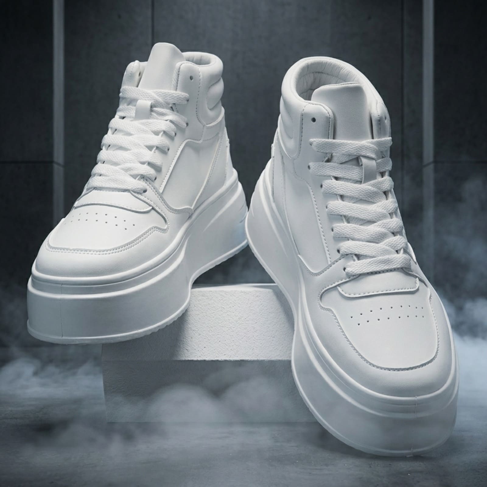 FORCIANO MONARCH white height increasing sneakers shown as a pair from front three-quarter angles with laces, perforated toes and raised soles visible.