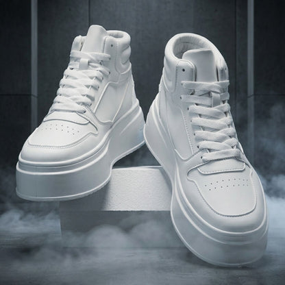 FORCIANO MONARCH white height increasing sneakers shown as a pair from front three-quarter angles with laces, perforated toes and raised soles visible.