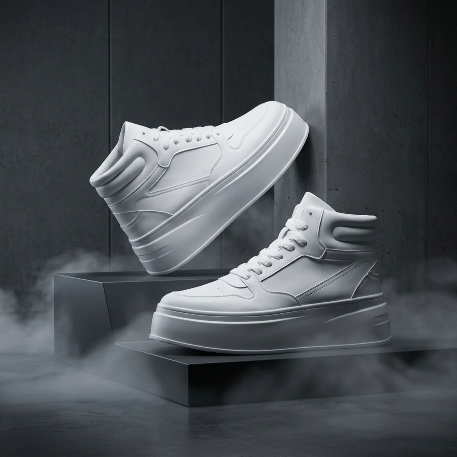 FORCIANO MONARCH white height increasing sneakers displayed as a pair from side angles on dark geometric studio platforms.