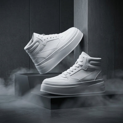 FORCIANO MONARCH white height increasing sneakers displayed as a pair from side angles on dark geometric studio platforms.