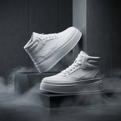 FORCIANO MONARCH white height increasing sneakers displayed as a pair from side angles on dark geometric studio platforms.