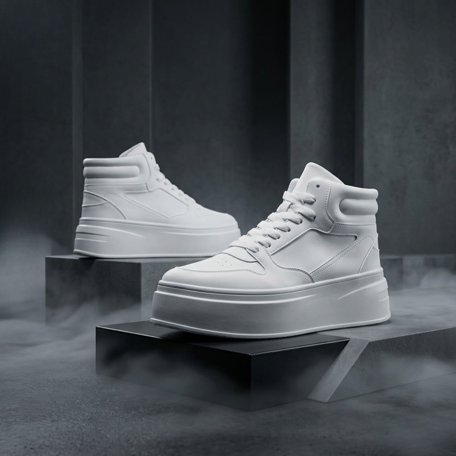 FORCIANO MONARCH white height increasing sneakers presented as a pair in side-profile and front-angle studio views on raised display blocks.