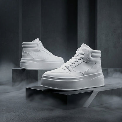 FORCIANO MONARCH white height increasing sneakers presented as a pair in side-profile and front-angle studio views on raised display blocks.