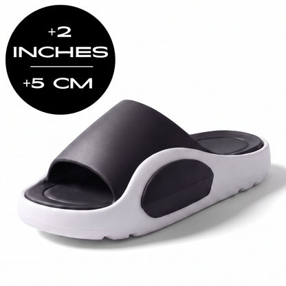 FORCIANO NEXUS black and white EVA sandal shown at a front three-quarter angle, Height Boosting Shoes with an up to 5 cm / 2 inches height graphic.