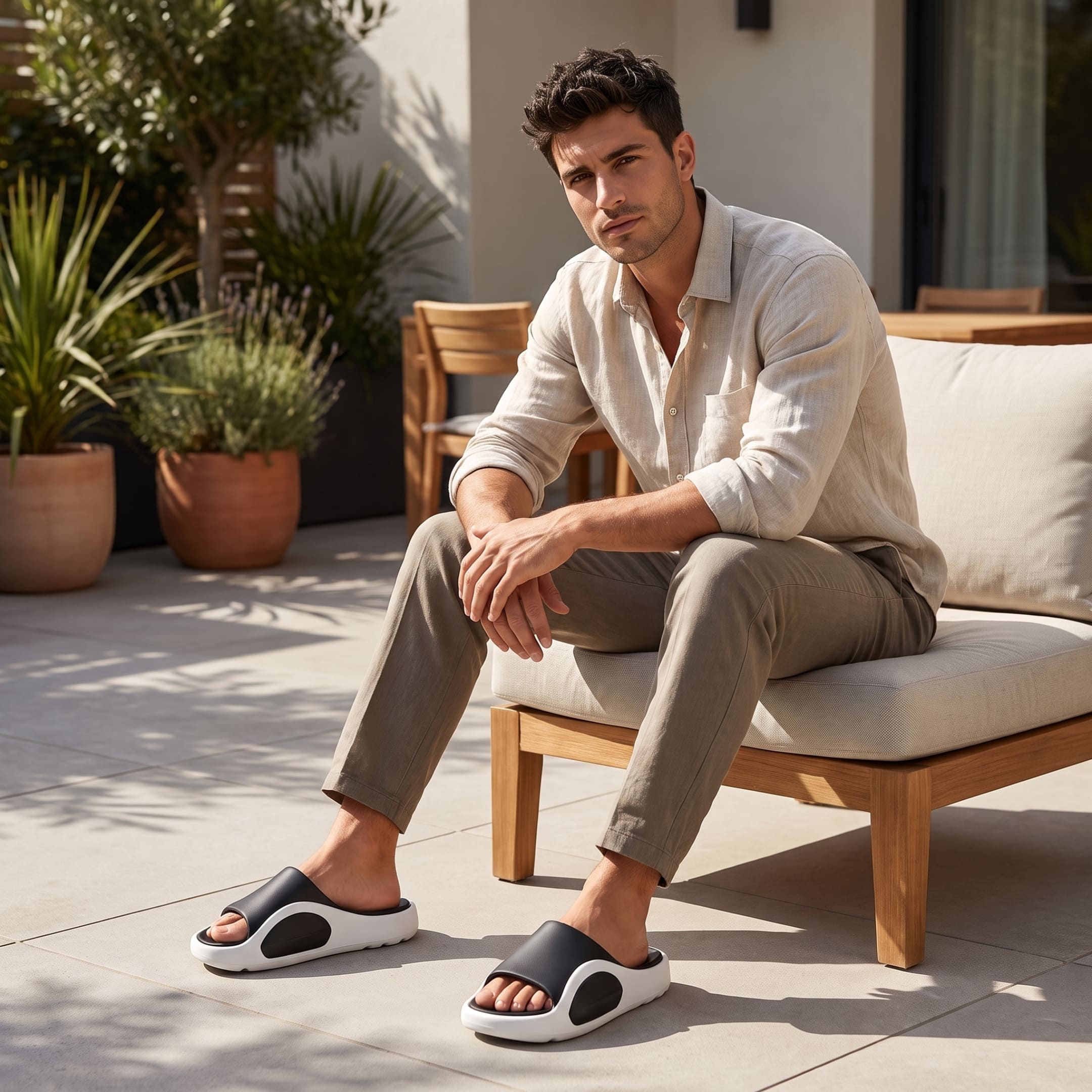 FORCIANO NEXUS black and white EVA sandals worn by a seated man outdoors, showing the Height Boosting Shoes from a front lifestyle angle.