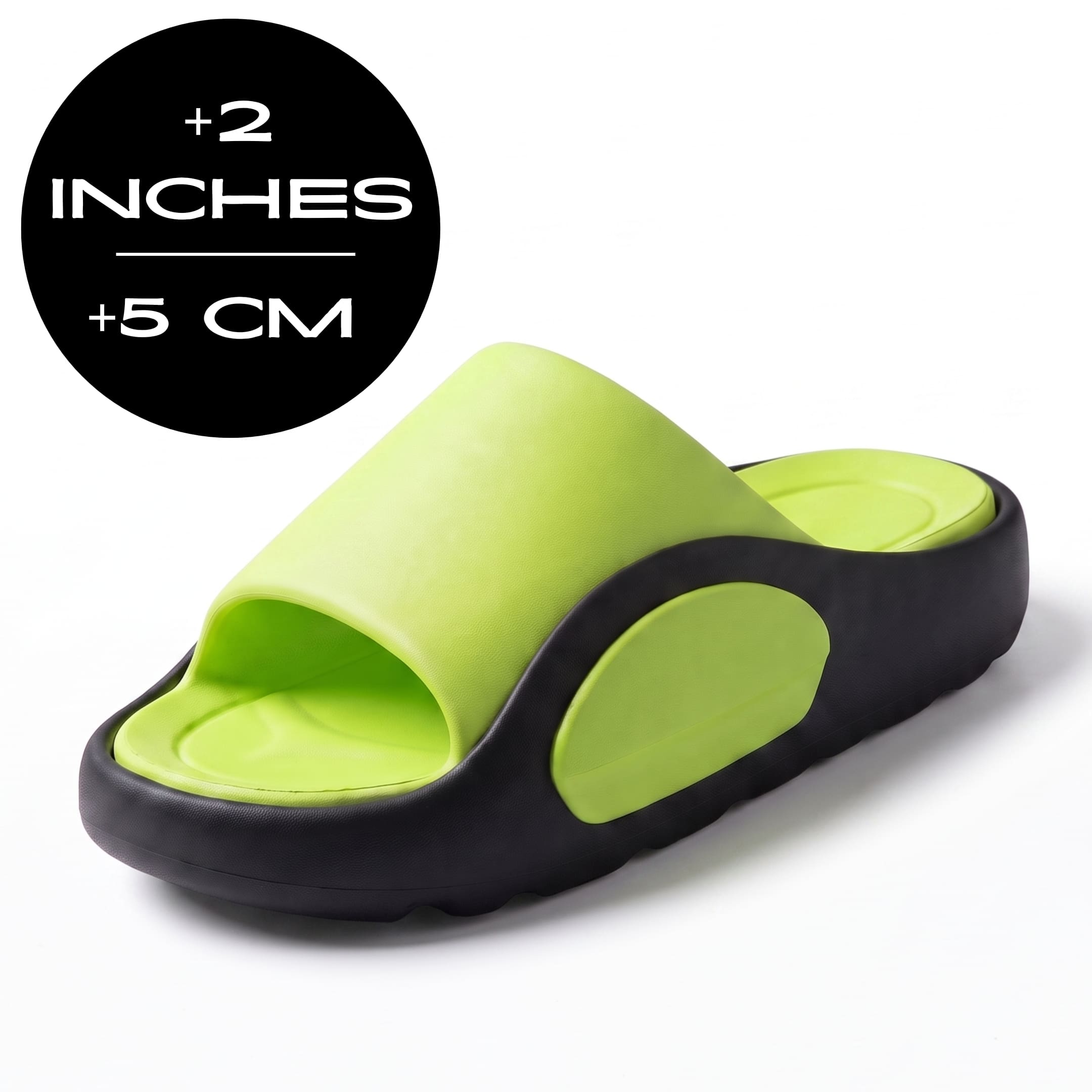 FORCIANO NEXUS green and black EVA sandals with a 5 cm / 2 inches height graphic, showing the elevator shoes from a front three-quarter angle.