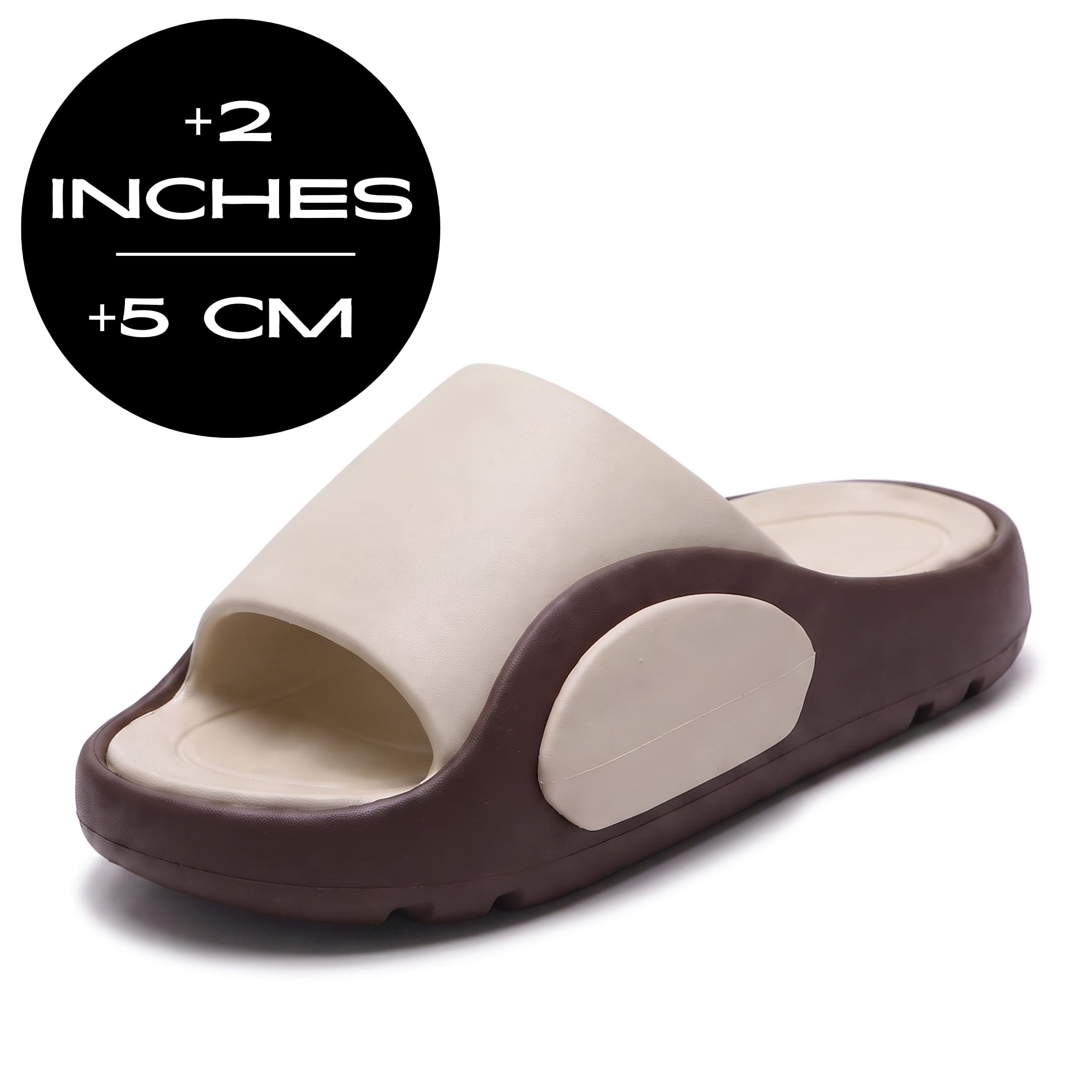 FORCIANO NEXUS khaki EVA sandal shown from a front three-quarter angle, Height Boosting Shoes with an up to 5 cm / 2 inches height graphic.