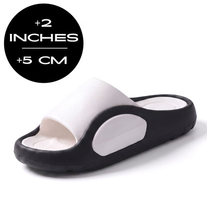 FORCIANO NEXUS white and black EVA sandal in a front three-quarter product view, Height Boosting Shoes with an up to 5 cm / 2 inches height graphic.