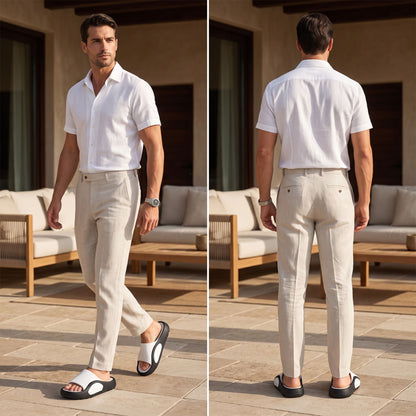 FORCIANO NEXUS white and black EVA sandals worn by a man in split front and rear outdoor lifestyle views, showing the Height Boosting Shoes while walking.