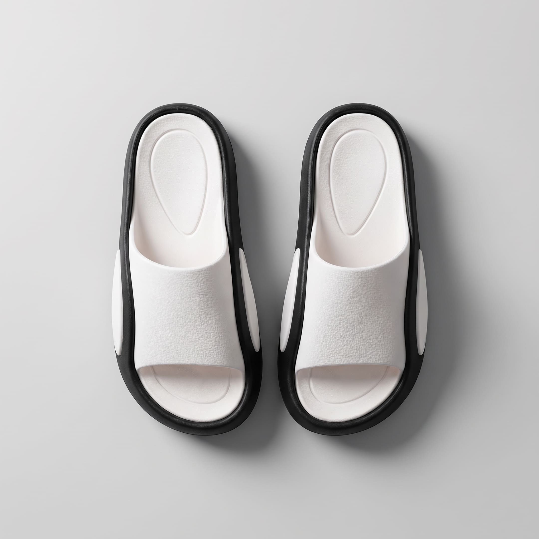 Top view of a pair of FORCIANO NEXUS white and black EVA sandals, showing the footbeds and straps of the Height Boosting Shoes.