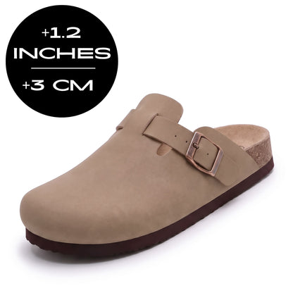 FORCIANO NOMAD Apricot height increasing slippers with premium suede upper and buckle detail, shown from a front three-quarter angle.