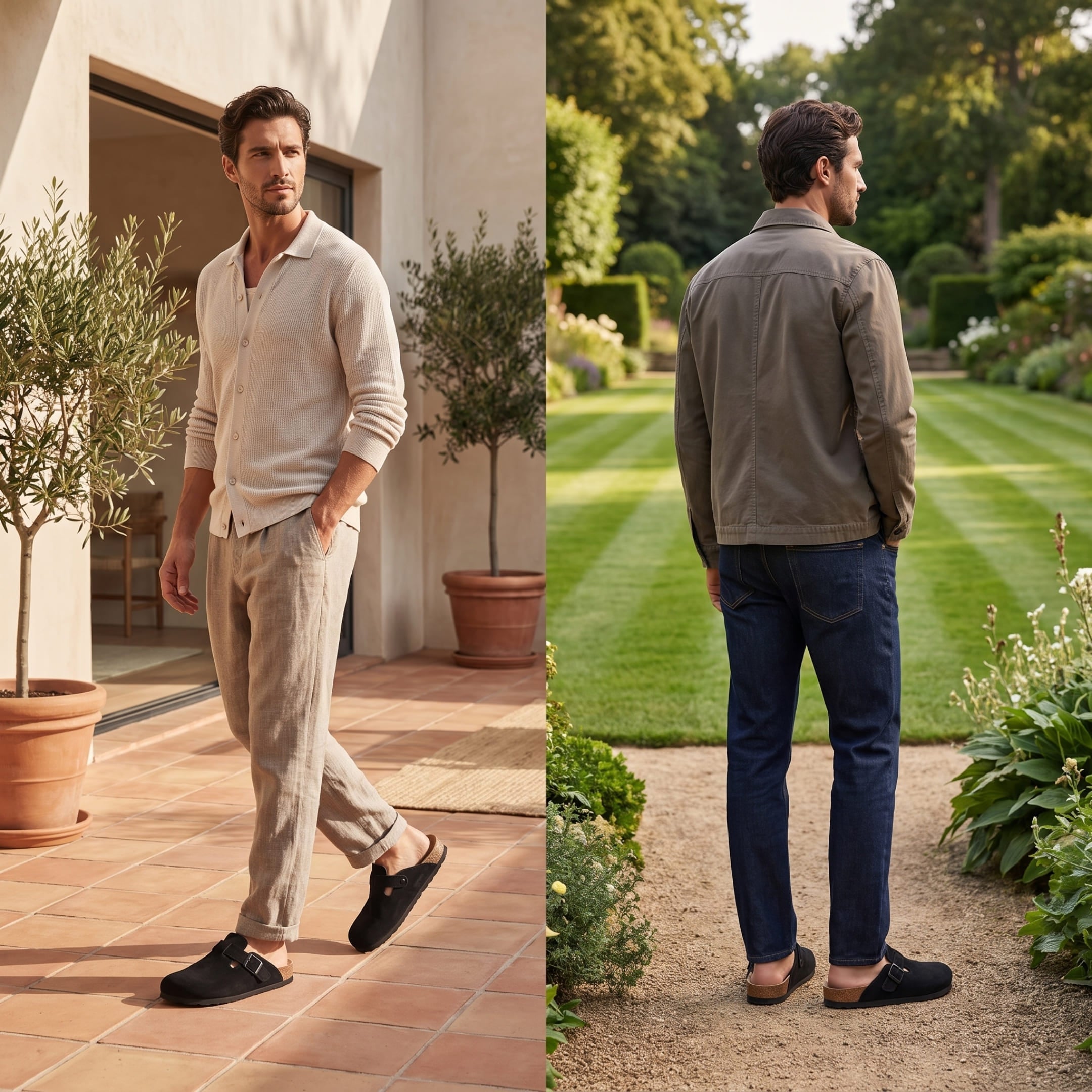 FORCIANO NOMAD black elevator slippers worn by a male model outdoors, shown in front and rear lifestyle views.