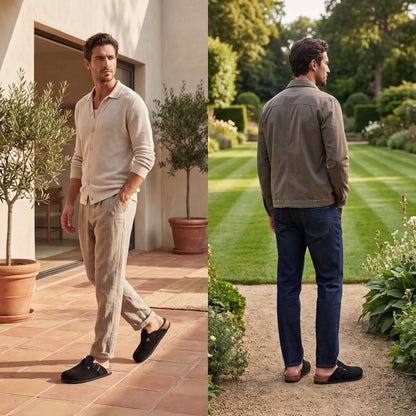 FORCIANO NOMAD black elevator slippers worn by a male model outdoors, shown in front and rear lifestyle views.
