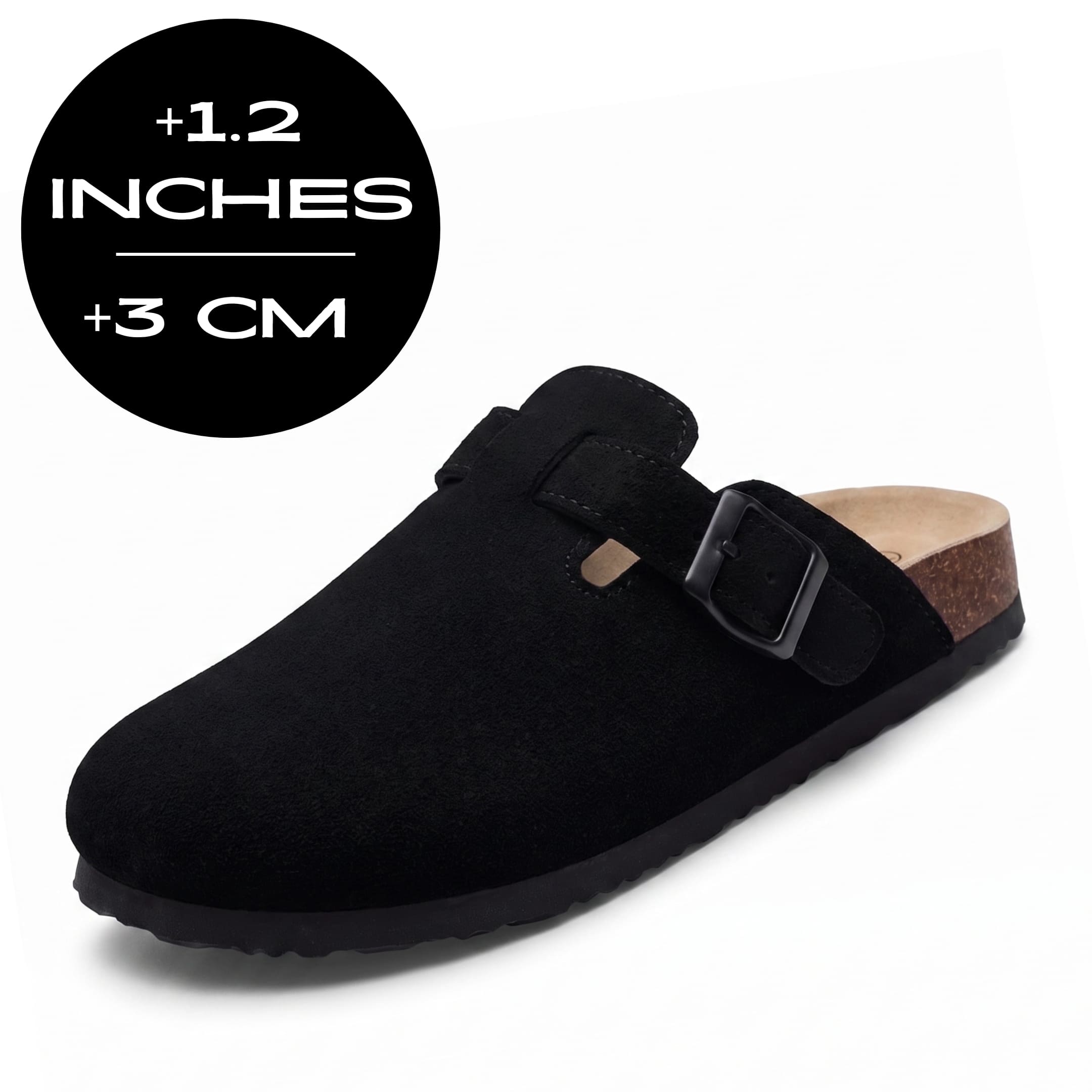 FORCIANO NOMAD black height increasing slipper with premium suede upper and tonal buckle, shown with 3 cm / 1.2 inches height graphic.