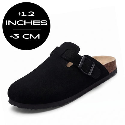 FORCIANO NOMAD black height increasing slipper with premium suede upper and tonal buckle, shown with 3 cm / 1.2 inches height graphic.