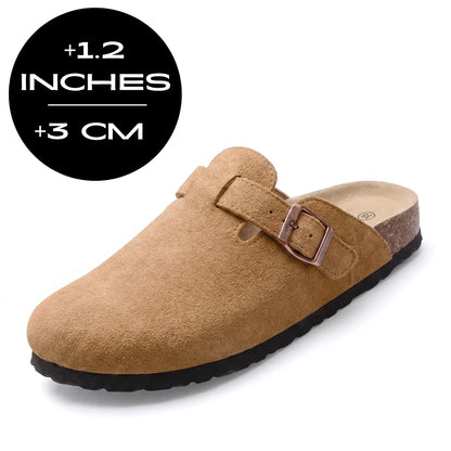 FORCIANO NOMAD Camel Brown height increasing slipper with premium suede upper, front three-quarter view with 3 cm / 1.2 inches height graphic.