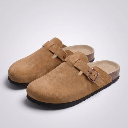 FORCIANO NOMAD Camel Brown height increasing slippers with premium suede uppers, shown together as a pair from the front.
