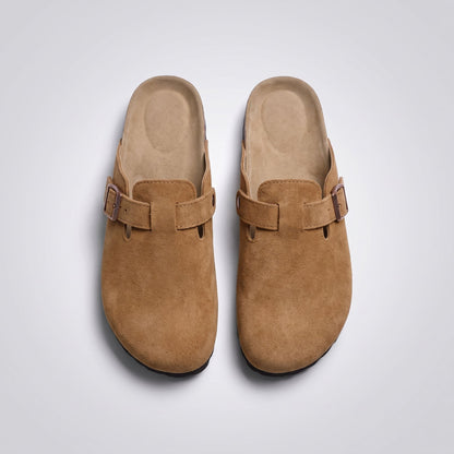 FORCIANO NOMAD Camel Brown premium suede height increasing slippers shown from the top, highlighting the footbeds and buckle straps.