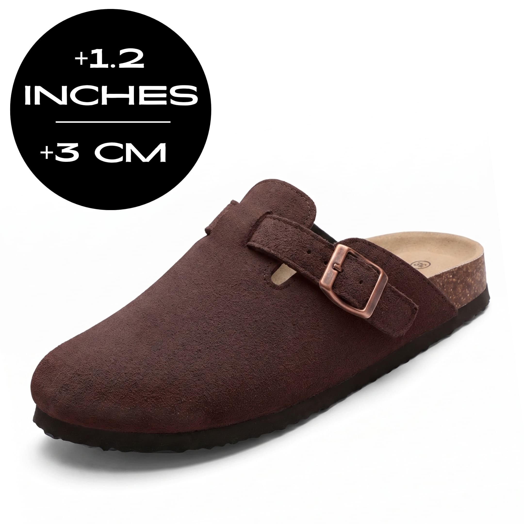 FORCIANO NOMAD Coffee Brown height increasing slipper with premium suede upper and buckle, shown with 3 cm / 1.2 inches height graphic.