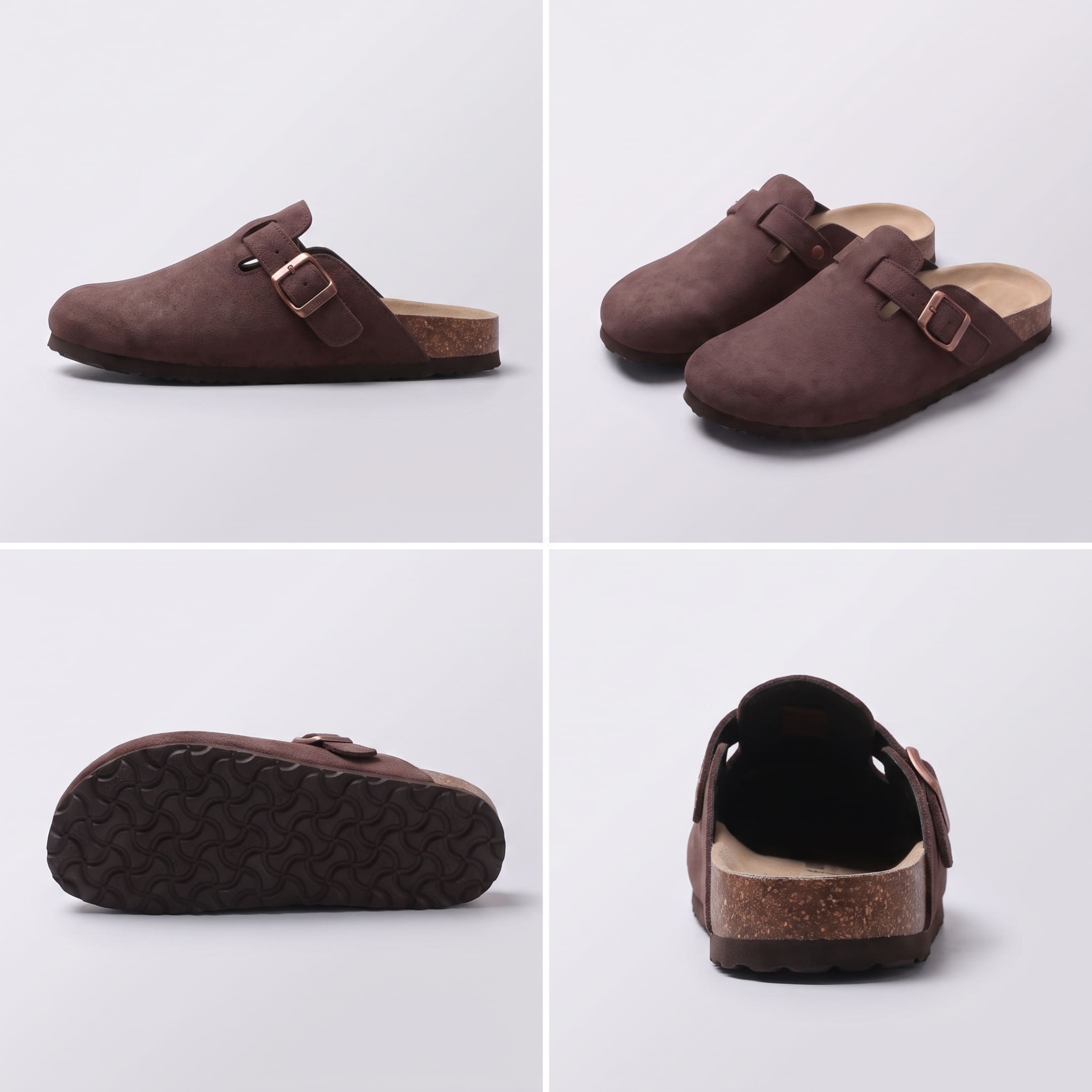 FORCIANO NOMAD Coffee Brown premium suede height increasing slippers shown in a multi-view collage with side, pair, outsole and rear views.