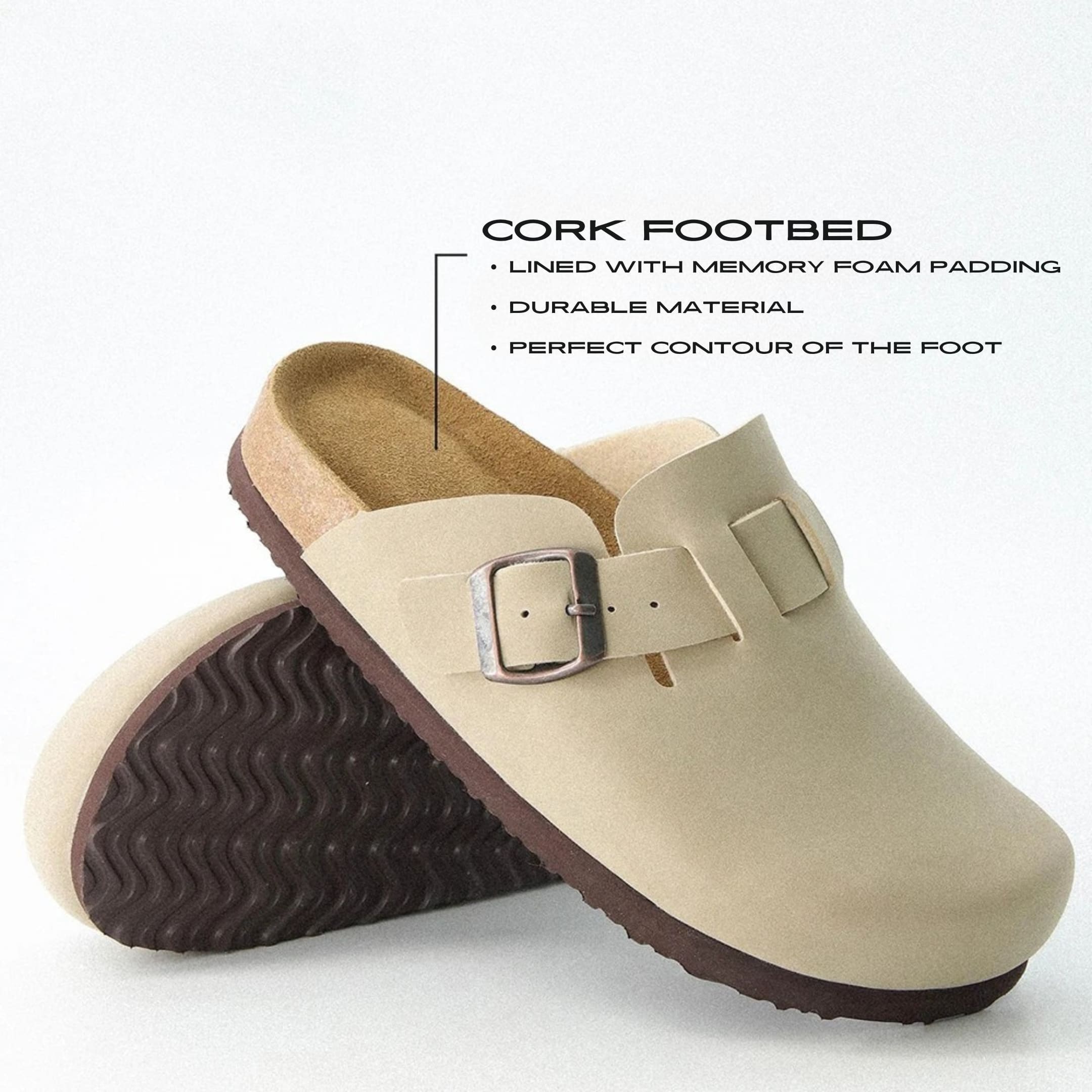 FORCIANO NOMAD height increasing slippers feature graphic showing the cork footbed with memory foam padding and contoured support.