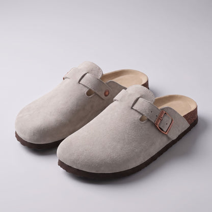 FORCIANO NOMAD Light Gray height increasing slippers with premium suede uppers and buckle details, displayed together as a pair.