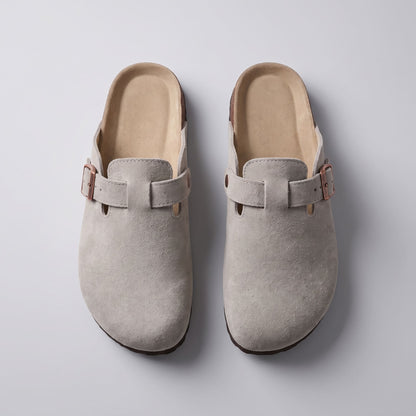 FORCIANO NOMAD Light Gray premium suede height increasing slippers shown in a top view with the closed toes, footbeds and buckle straps visible.