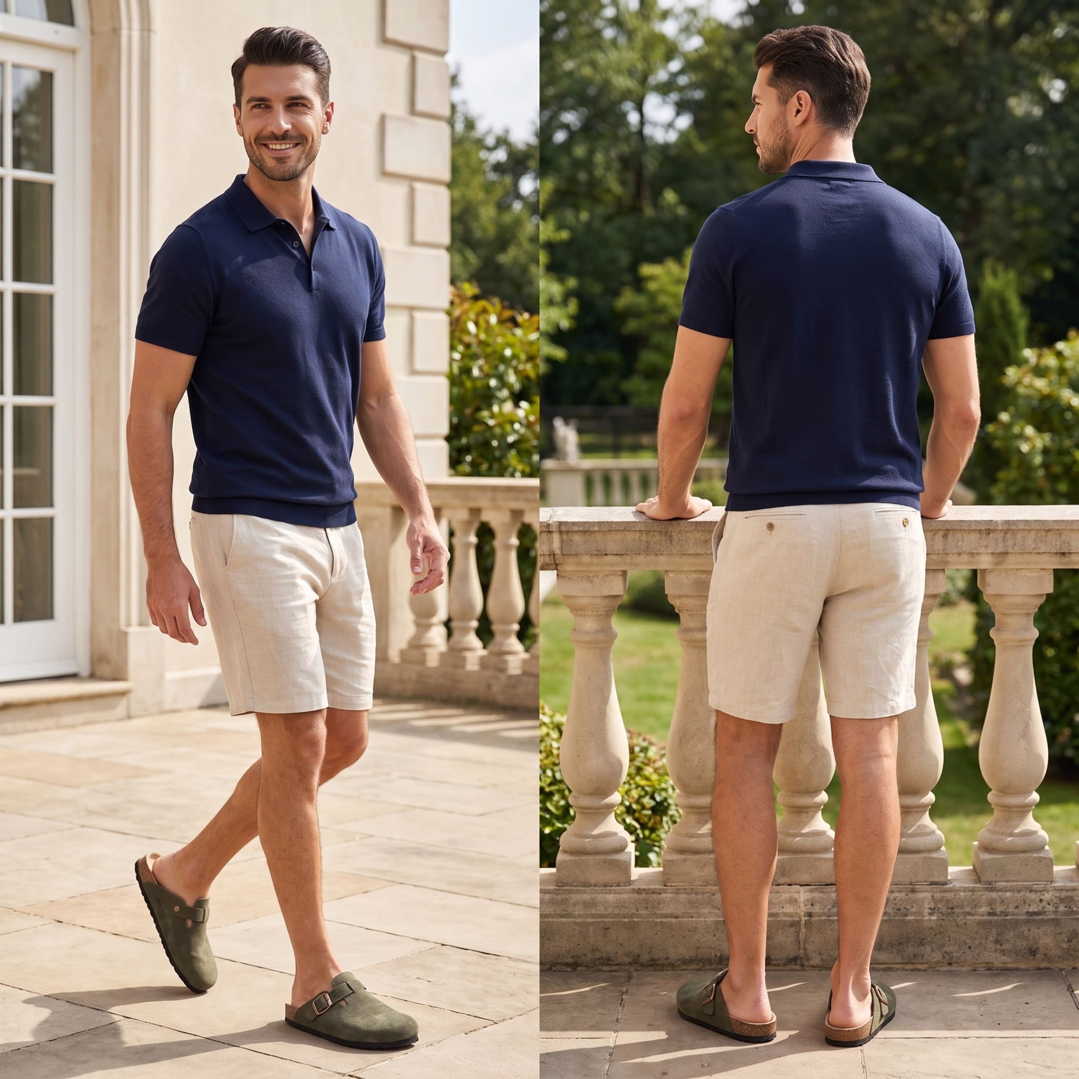 FORCIANO NOMAD Olive Green height increasing slippers worn by a male model in front and rear outdoor lifestyle views.