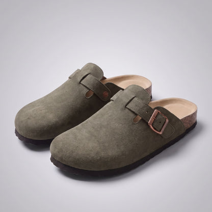 FORCIANO NOMAD Olive Green height increasing slippers with premium suede uppers, closed toes and buckle details, shown together as a pair.
