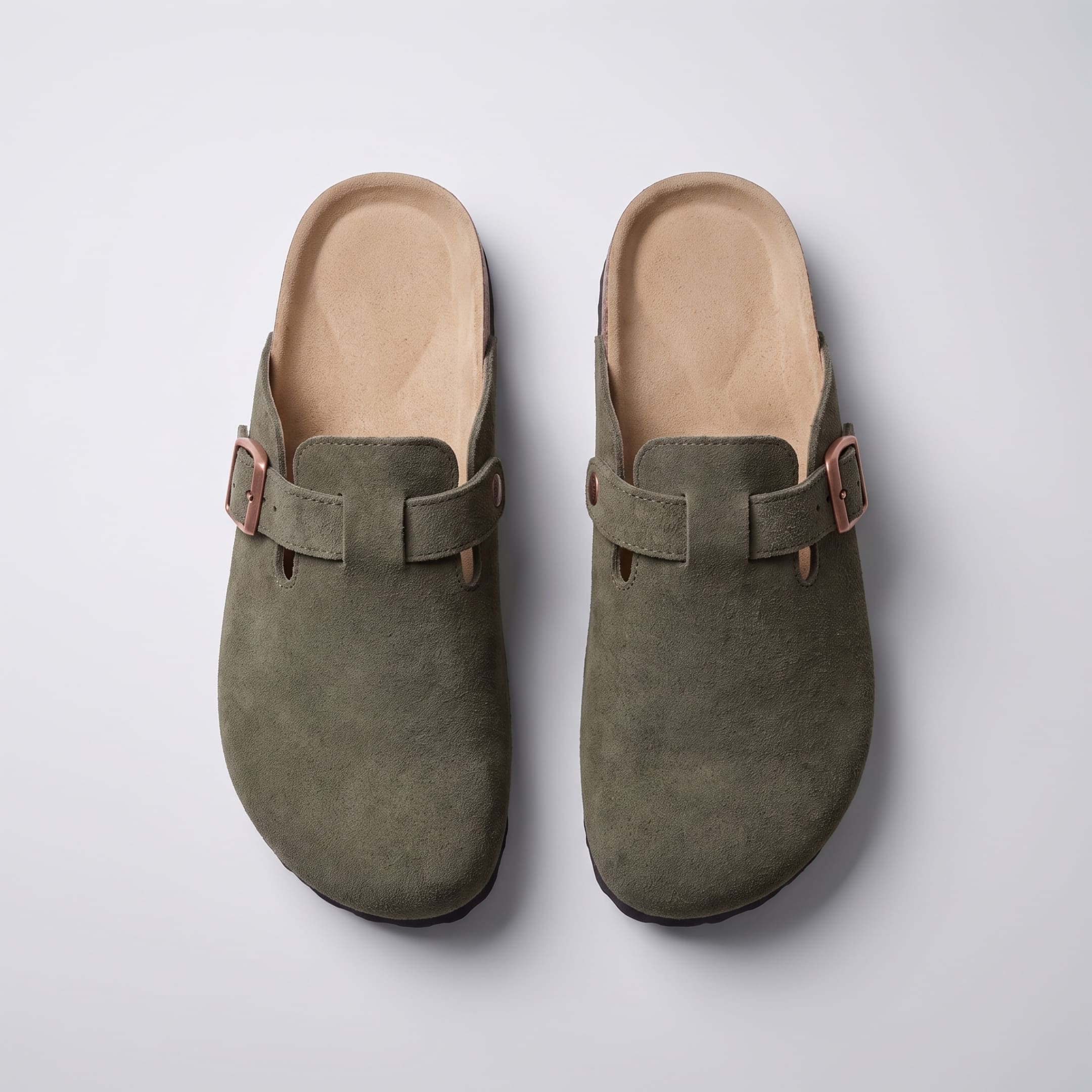 FORCIANO NOMAD Olive Green premium suede height increasing slippers shown from above with both footbeds and buckle details clearly visible.