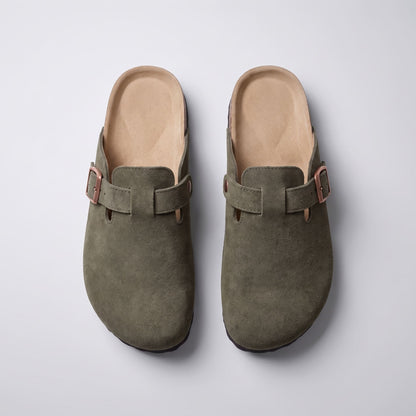 FORCIANO NOMAD Olive Green premium suede height increasing slippers shown from above with both footbeds and buckle details clearly visible.