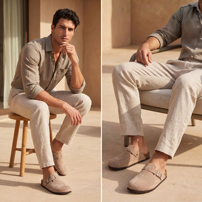FORCIANO NOMAD Sand Beige height increasing slippers, shown worn by a male model in a warm neutral lifestyle setting.