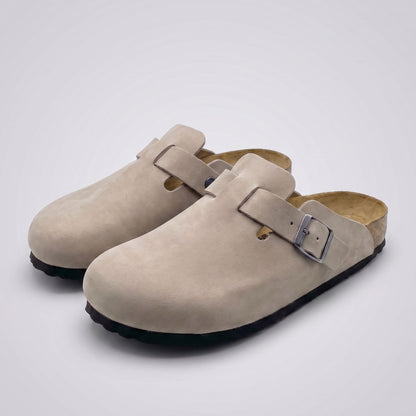 FORCIANO NOMAD Sand Beige height increasing slippers with premium suede uppers and buckle details, shown as a coordinated pair.