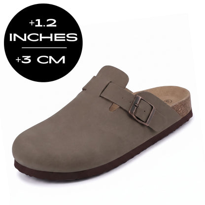 FORCIANO NOMAD Taupe Brown height increasing slippers with premium suede upper and buckle detail, presented from a front three-quarter view.