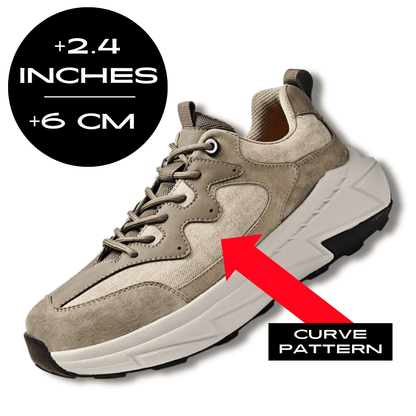 FORCIANO NORTHRIDGE beige curve-pattern height increasing sneakers shown at a front three-quarter angle with a 6 cm / 2.4 inches height graphic and curve pattern arrow.