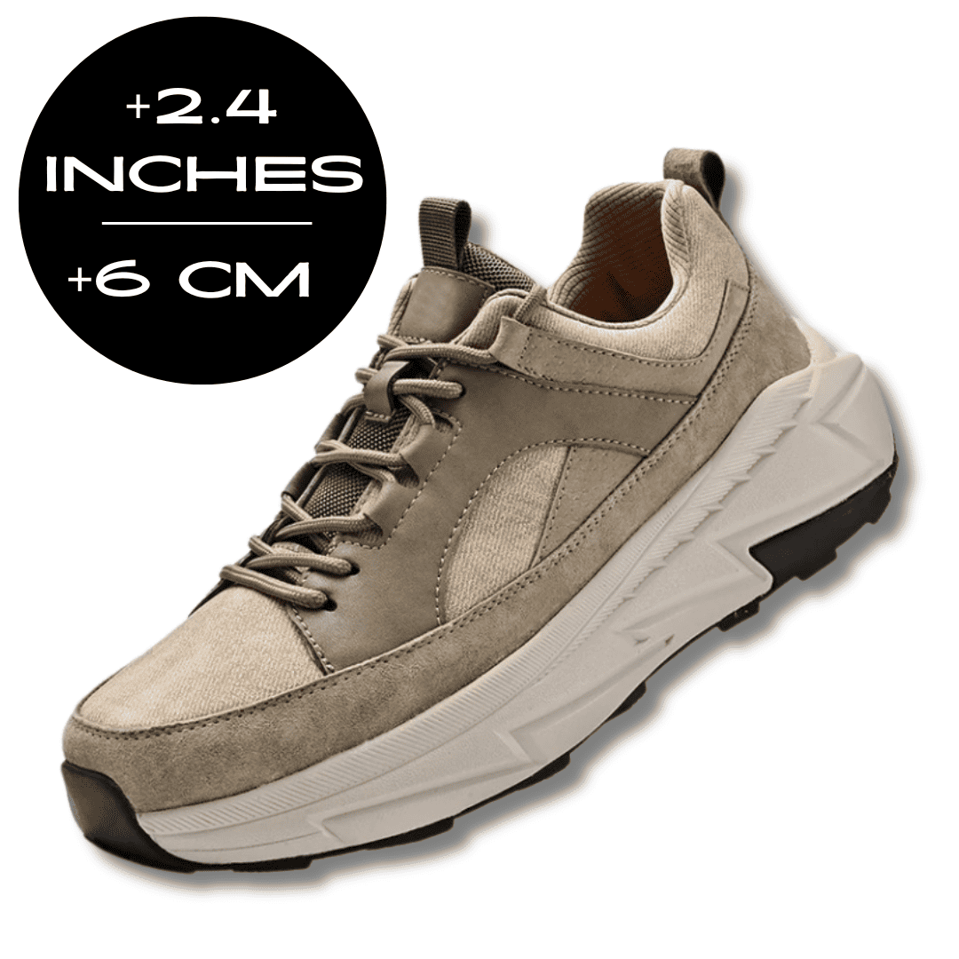 FORCIANO NORTHRIDGE beige height increasing sneakers shown from a front three-quarter angle with a 6 cm / 2.4 inches height graphic.