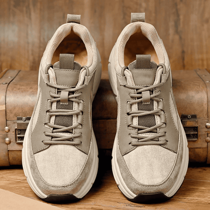 FORCIANO NORTHRIDGE beige height increasing sneakers displayed as a pair from a front and top view with lace-up detailing.