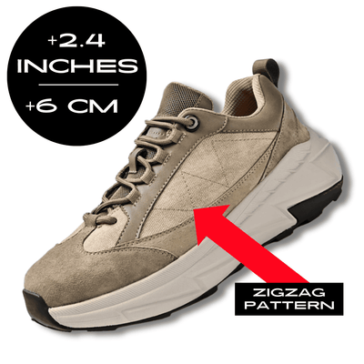 FORCIANO NORTHRIDGE beige zigzag-pattern height increasing sneakers shown at a front three-quarter angle with a 6 cm / 2.4 inches height graphic and zigzag pattern arrow.