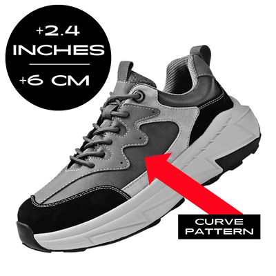 FORCIANO NORTHRIDGE gray curve-pattern height increasing sneakers shown from a front three-quarter angle with a 6 cm / 2.4 inches height graphic and curve pattern arrow.