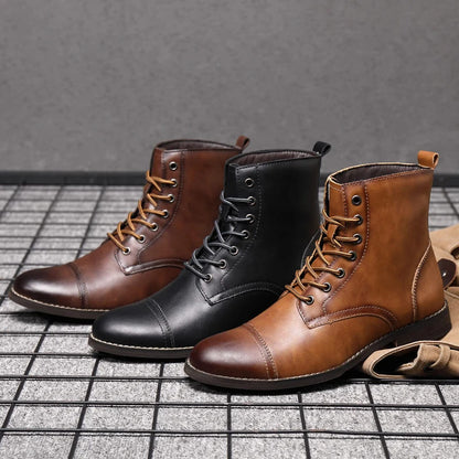 FORCIANO OUTLAW leather elevator boots displayed in black, dark brown and light brown with lace-up cap-toe styling.