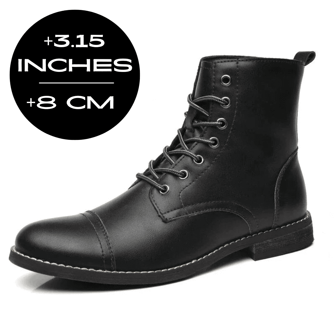 FORCIANO OUTLAW black leather elevator boot shown from a front three-quarter angle with an 8 cm / 3.15" height increase graphic.
